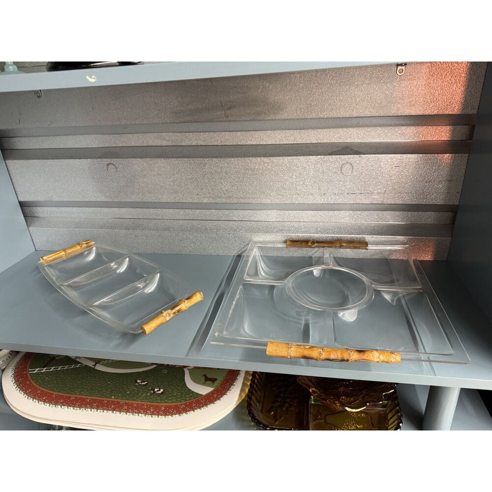 Vintage 1970s Lucite Acrylic Bamboo Handle Serving Tray Set – Mid Century Modern